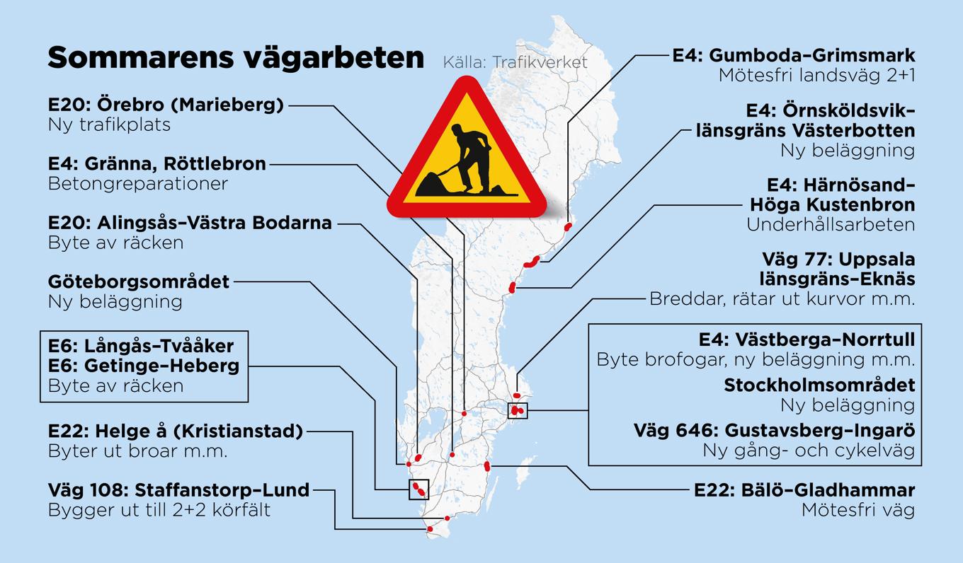 Kartan visar några av de vägarbeten som kommer att ha stor påverkan på vägtrafiken under sommaren. Foto: Anders Humlebo/TT