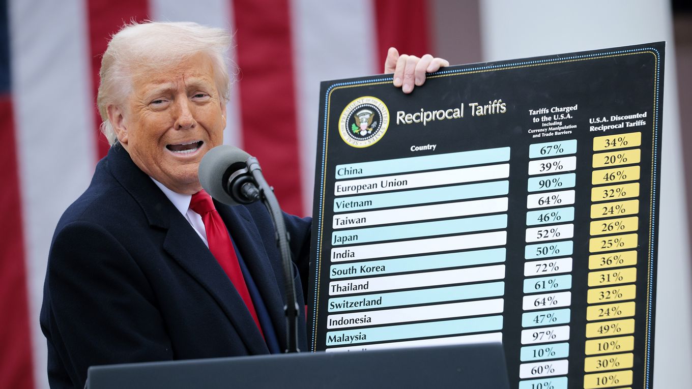 Donald Trump höll den 2 april upp en lista över länder som enligt honom handlade orättvist. Foto: Chip Somodevilla/Getty Images